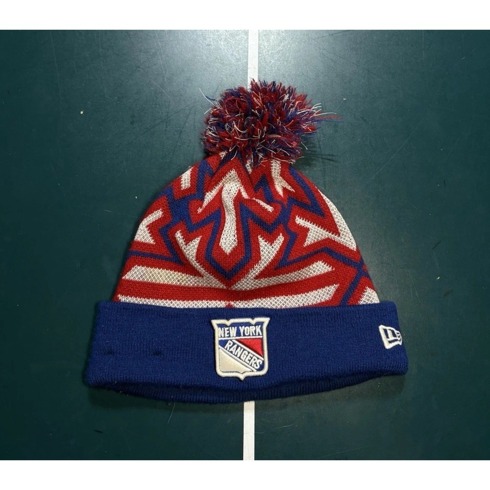 New York Rangers New Era Winter Knit Beanie Hat Pom Red Blue Hockey One Size‎